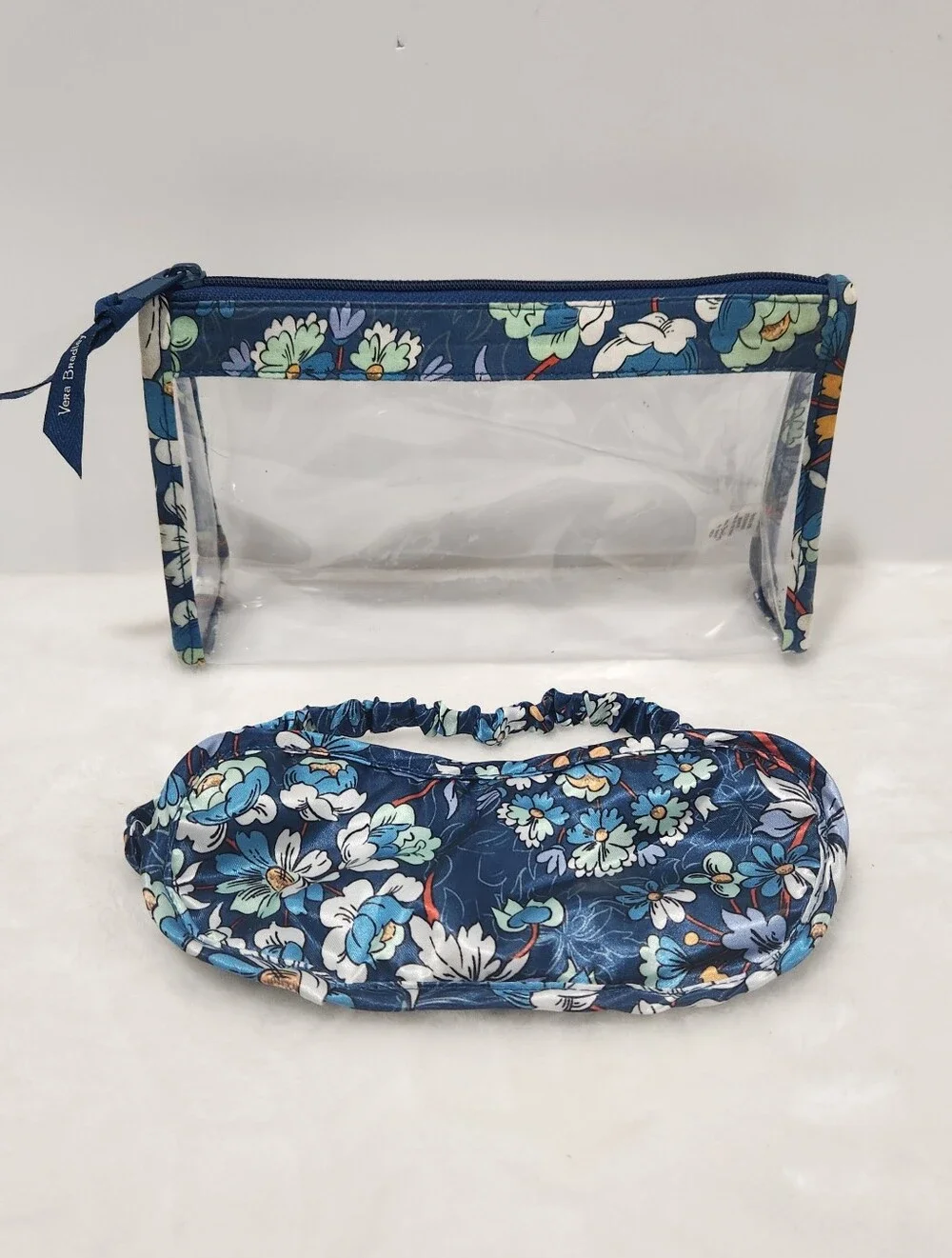 Vera Bradley Navy Blue Floral Burst Eye Mask Clear Cosmetic Bag Gift Set